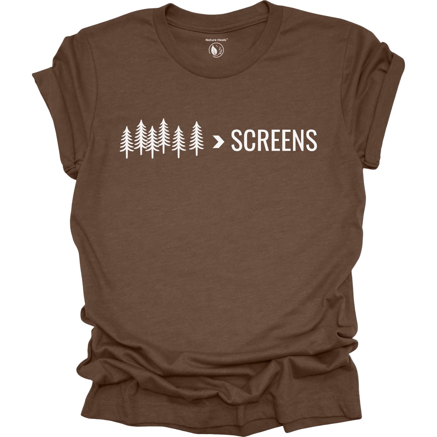 Nature-inspired Trees Over Screens graphic heather brown tee featuring forest trees design for outdoor lovers