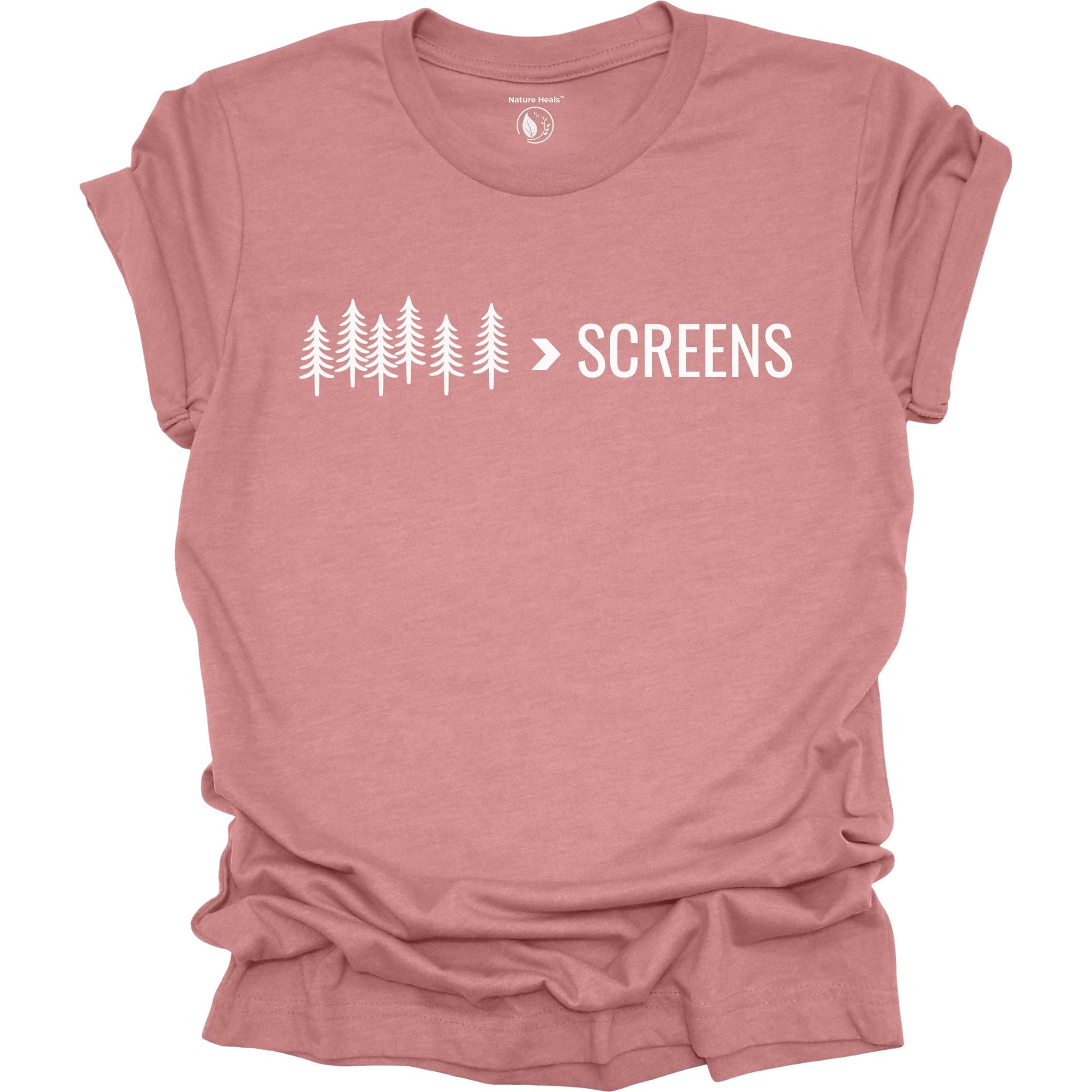 Nature-inspired Trees Over Screens graphic heather mauve tee featuring forest trees design for outdoor lovers