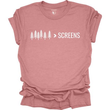 Nature-inspired Trees Over Screens graphic heather mauve tee featuring forest trees design for outdoor lovers