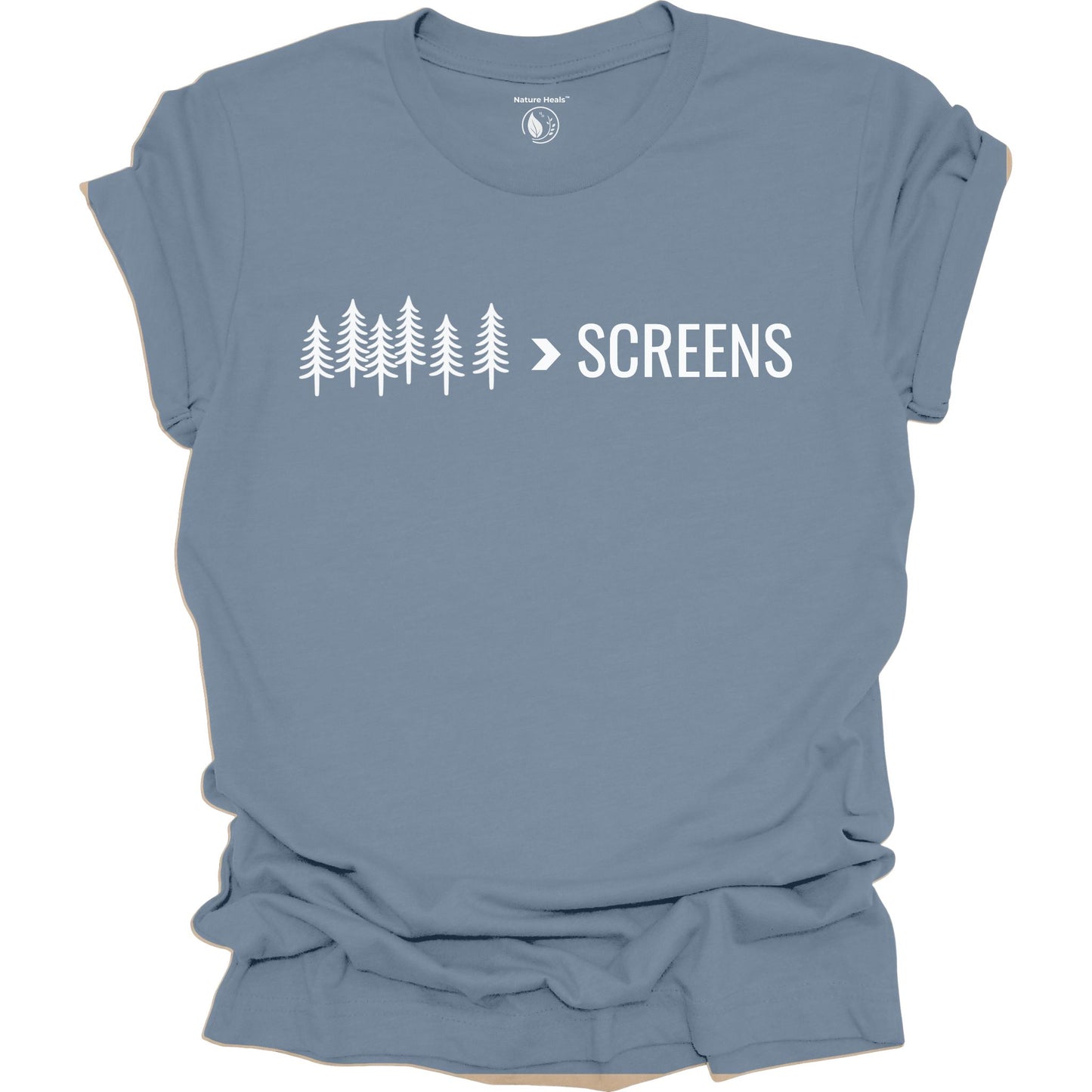 Nature-inspired Trees Over Screens graphic tee featuring forest trees design for outdoor lovers on blue shirt