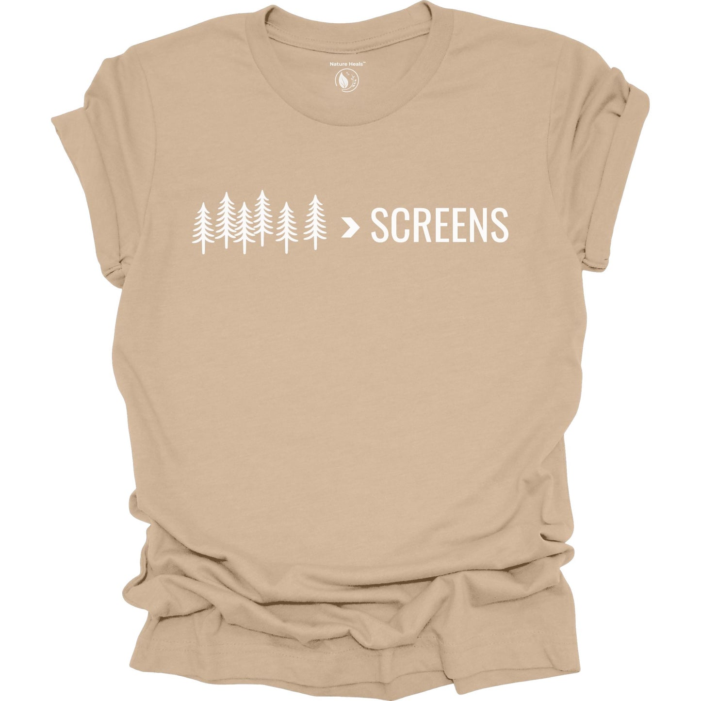 Nature-inspired Trees Over Screens graphic tan tee featuring forest trees design for outdoor lovers