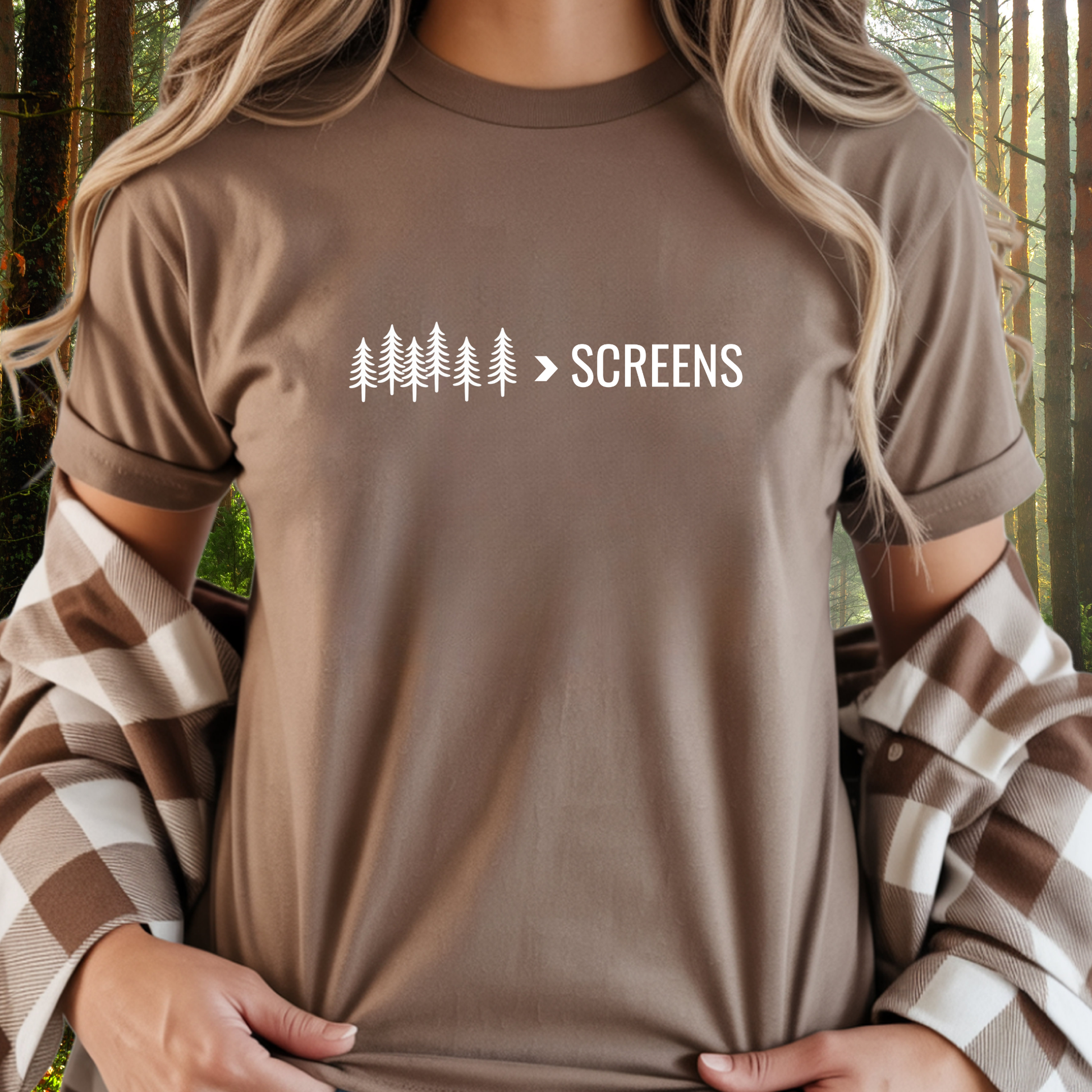 Nature graphic tee with pine trees and “> Screens” slogan, brown outdoor lifestyle t-shirt promoting time outside.