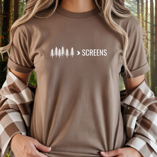 Nature graphic tee with pine trees and “> Screens” slogan, brown outdoor lifestyle t-shirt promoting time outside.