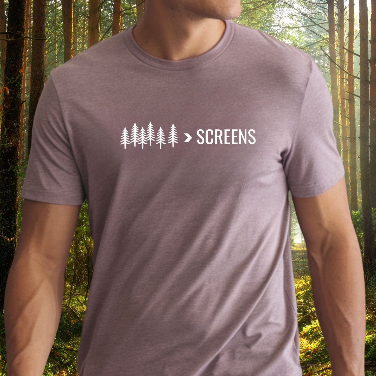 Nature graphic tee with pine trees and “> Screens” slogan, mauve outdoor lifestyle t-shirt promoting time outside.