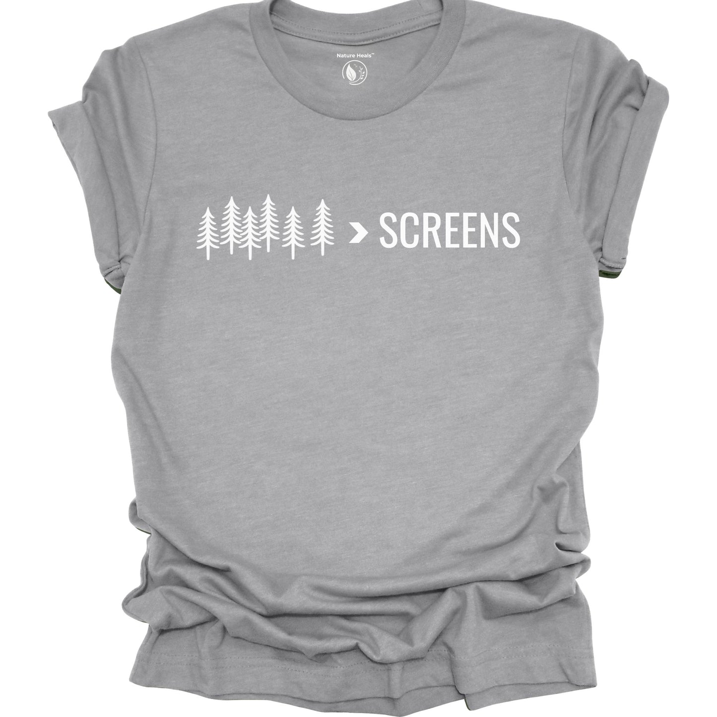 Nature-inspired Trees Over Screens graphic athletic heather gray tee featuring forest trees design for outdoor lovers