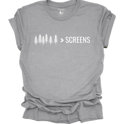 Nature-inspired Trees Over Screens graphic athletic heather gray tee featuring forest trees design for outdoor lovers