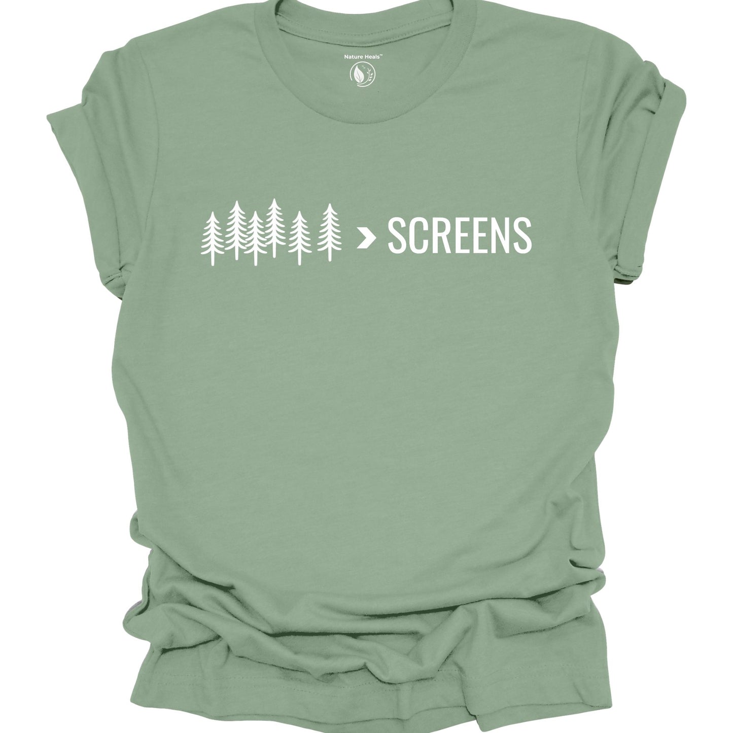 Nature-inspired Trees Over Screens graphic sage green tee featuring forest trees design for outdoor lovers