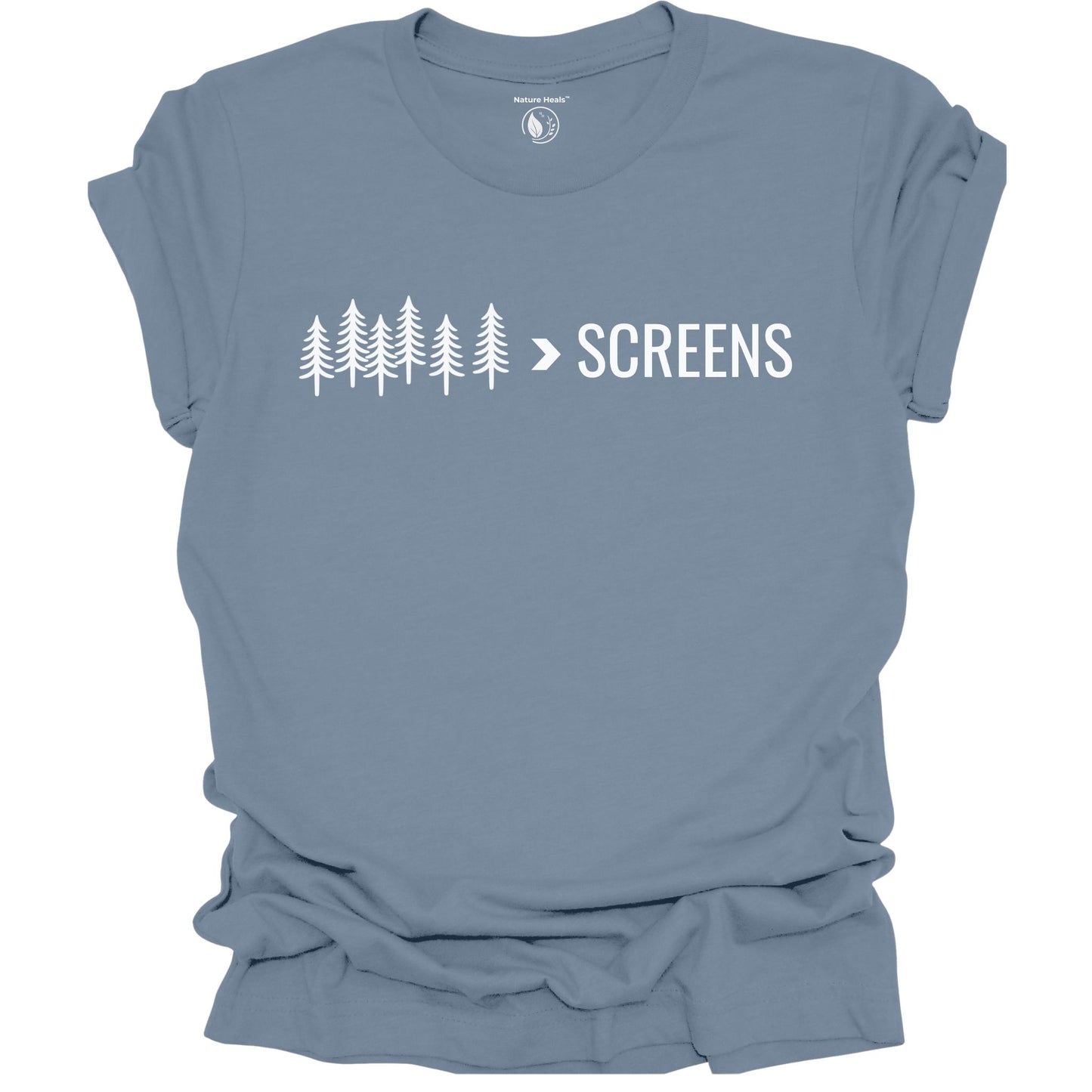 Nature-inspired Trees Over Screens graphic steel blue tee featuring forest trees design for outdoor lovers