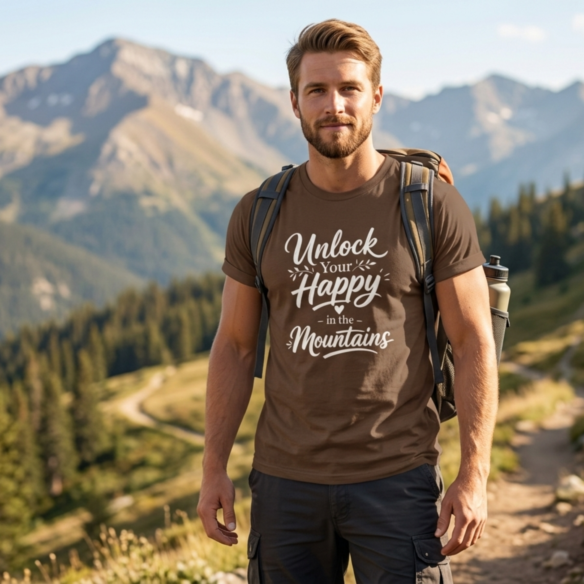 Unlock Your Happy in the Mountains text on a brown shirt worn by a male in the mountains.