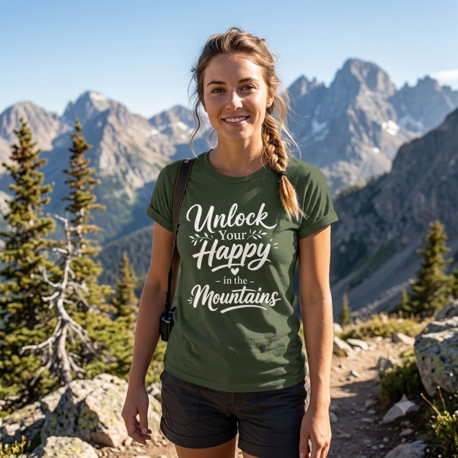 Unlock Your Happy in the Mountains text on a green shirt worn by a female in the mountains.