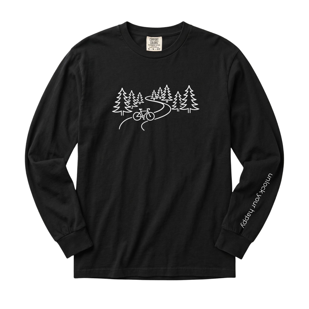 A long-sleeve crewneck t-shirt in a black  color, featuring a white line art graphic of pine trees, a winding road, and a bicycle on the chest, with 'Unlock Your Happy' printed vertically in white on the left sleeve.