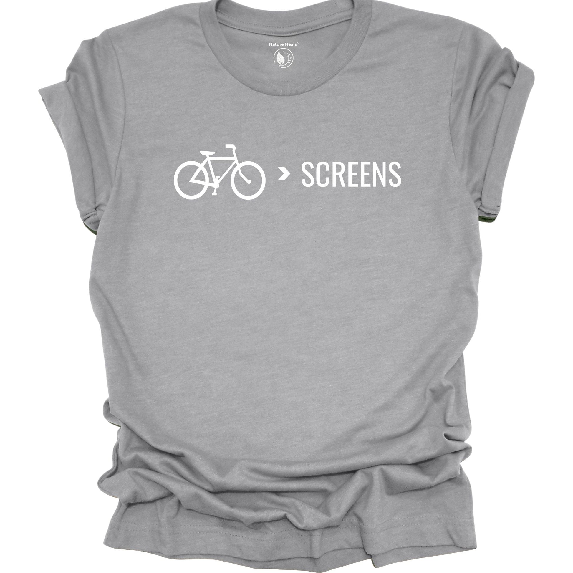Bike Over Screens cycling graphic t-shirt with minimalist bicycle design, part of the Nature Heals Collection for cyclists and outdoor enthusiasts, gray