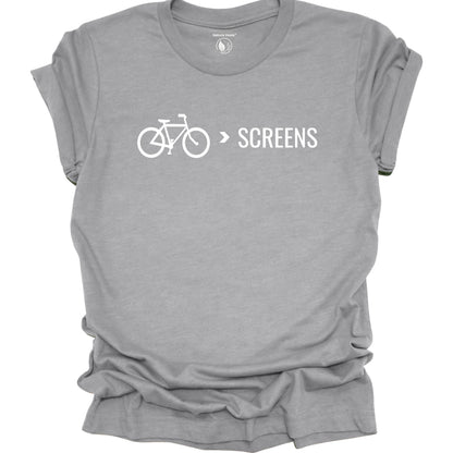 Bike Over Screens cycling graphic t-shirt with minimalist bicycle design, part of the Nature Heals Collection for cyclists and outdoor enthusiasts, gray