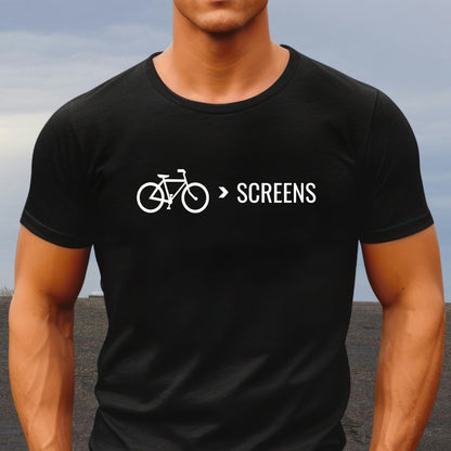Bike Over Screens cycling graphic t-shirt with minimalist bicycle design, part of the Nature Heals Collection for cyclists and outdoor enthusiasts, black 