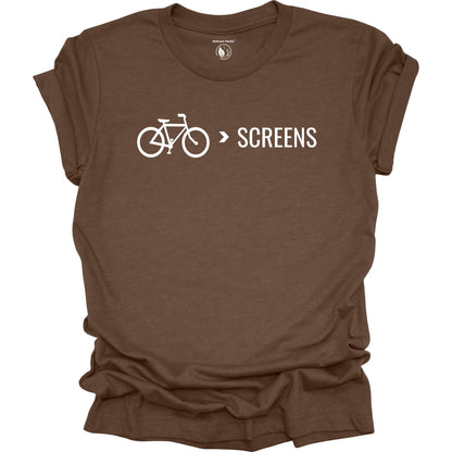 Bike Over Screens cycling graphic t-shirt with minimalist bicycle design, part of the Nature Heals Collection for cyclists and outdoor enthusiasts, brown