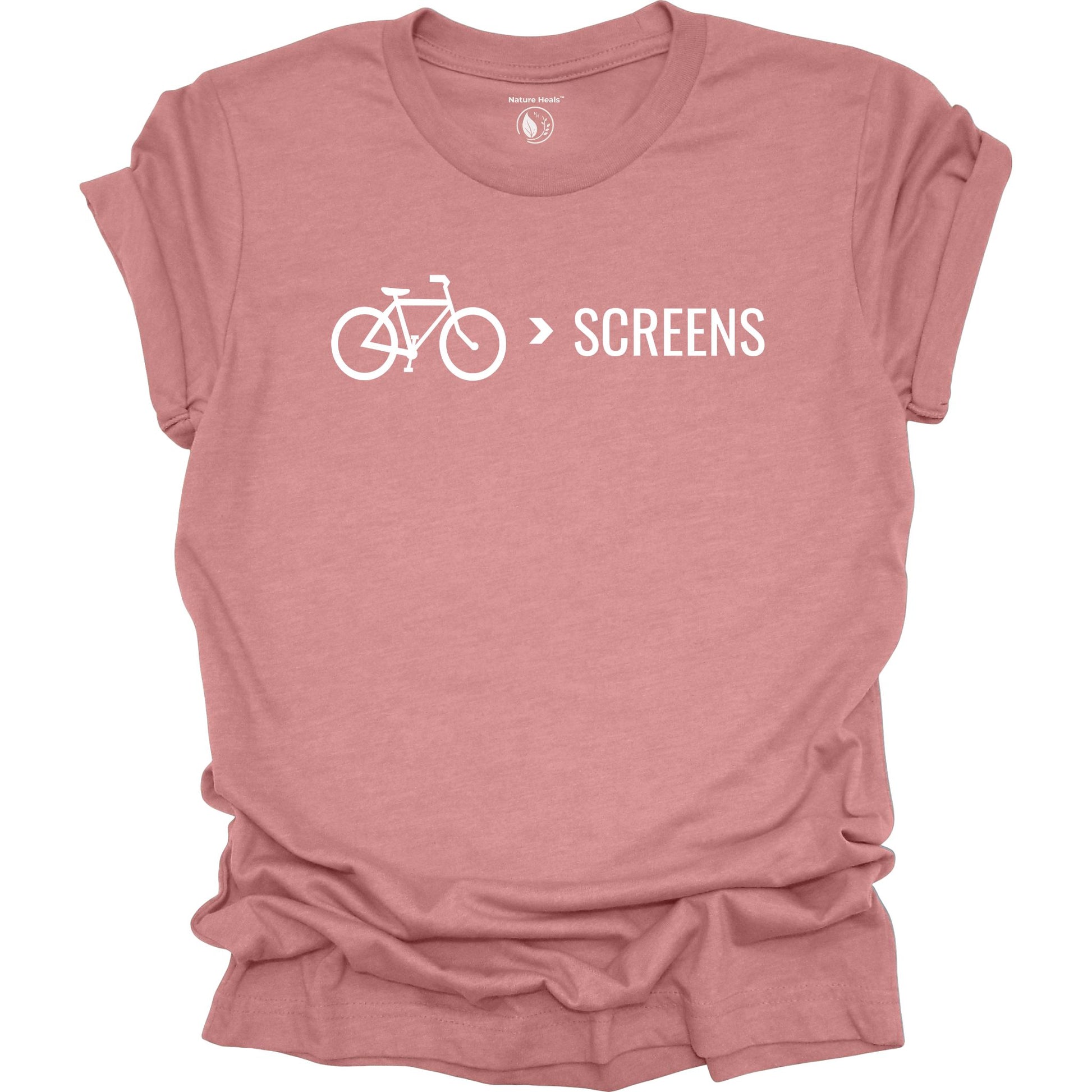 Bike Over Screens cycling graphic t-shirt with minimalist bicycle design, part of the Nature Heals Collection for cyclists and outdoor enthusiasts, mauve