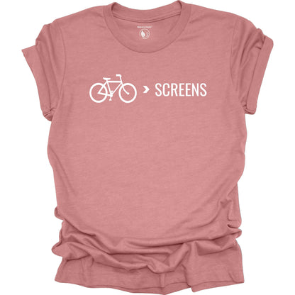 Bike Over Screens cycling graphic t-shirt with minimalist bicycle design, part of the Nature Heals Collection for cyclists and outdoor enthusiasts, mauve