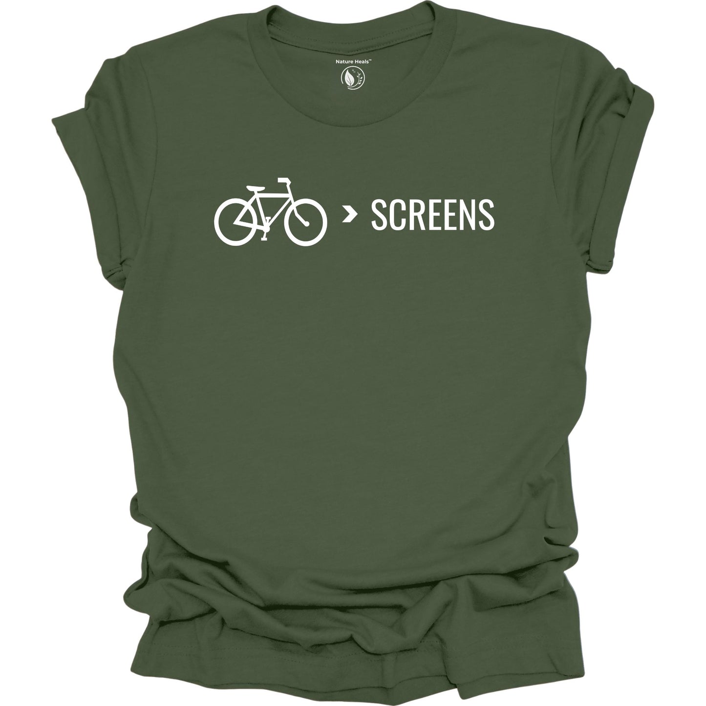 Bike Over Screens cycling graphic t-shirt with minimalist bicycle design, part of the Nature Heals Collection for cyclists and outdoor enthusiasts, green