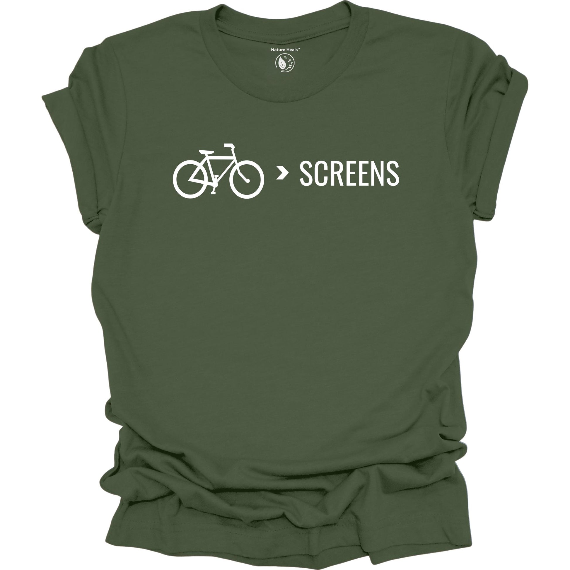 Bike Over Screens cycling graphic t-shirt with minimalist bicycle design, part of the Nature Heals Collection for cyclists and outdoor enthusiasts, green