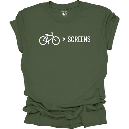 Bike Over Screens cycling graphic t-shirt with minimalist bicycle design, part of the Nature Heals Collection for cyclists and outdoor enthusiasts, green
