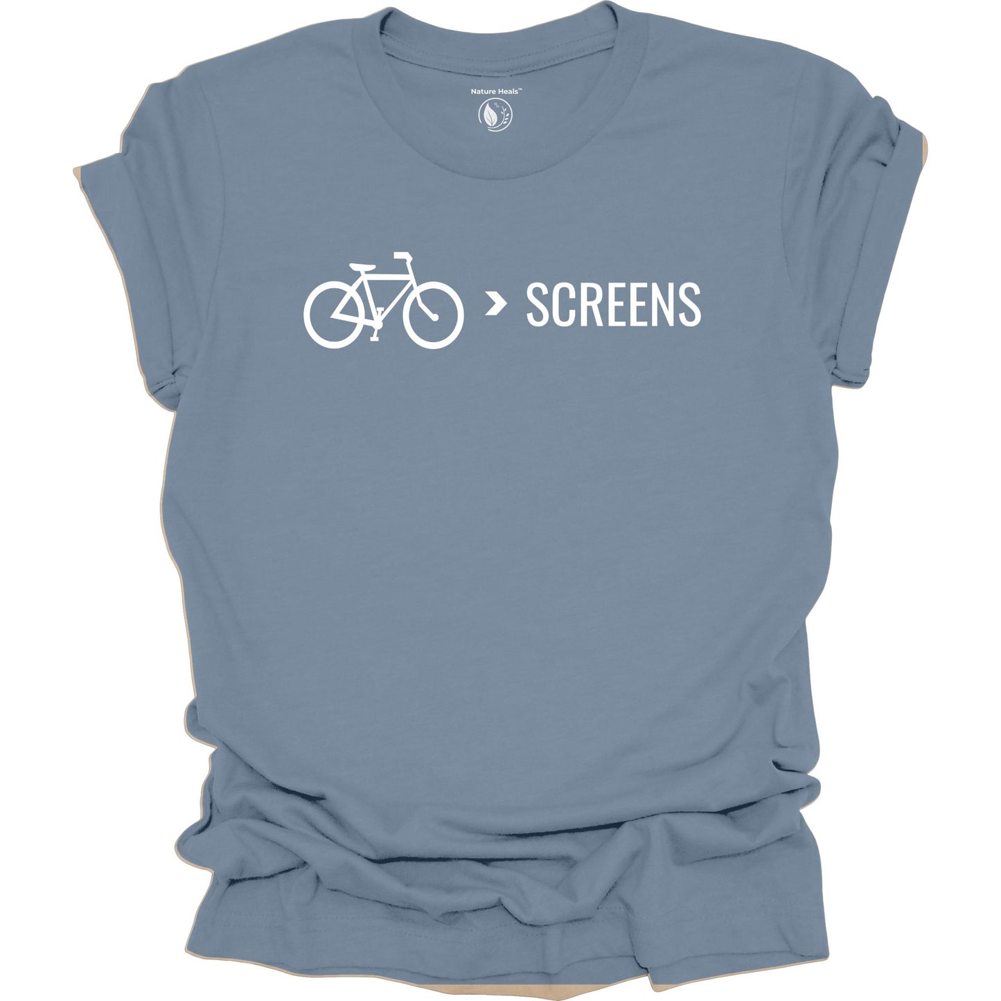 Bike Over Screens cycling graphic t-shirt with minimalist bicycle design, part of the Nature Heals Collection for cyclists and outdoor enthusiasts, blue