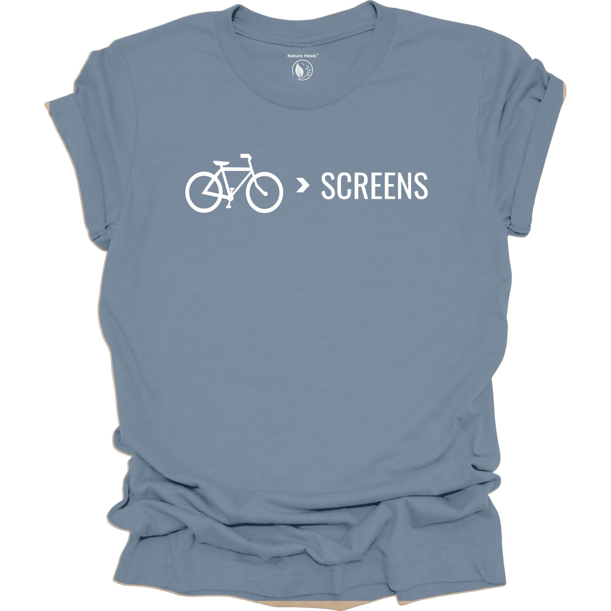 Bike Over Screens cycling graphic t-shirt with minimalist bicycle design, part of the Nature Heals Collection for cyclists and outdoor enthusiasts, blue