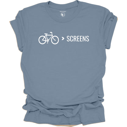 Bike Over Screens cycling graphic t-shirt with minimalist bicycle design, part of the Nature Heals Collection for cyclists and outdoor enthusiasts, blue