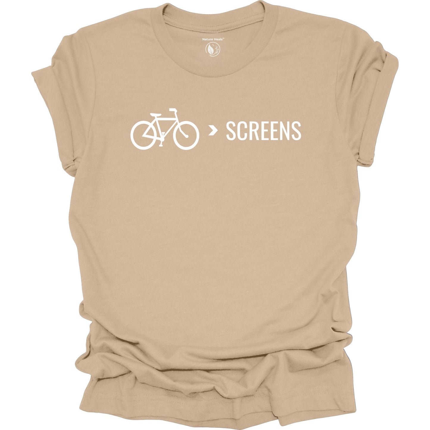 Bike Over Screens cycling graphic t-shirt with minimalist bicycle design, part of the Nature Heals Collection for cyclists and outdoor enthusiasts, tan