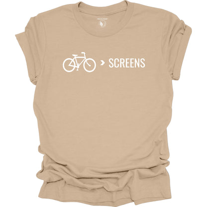 Bike Over Screens cycling graphic t-shirt with minimalist bicycle design, part of the Nature Heals Collection for cyclists and outdoor enthusiasts, tan