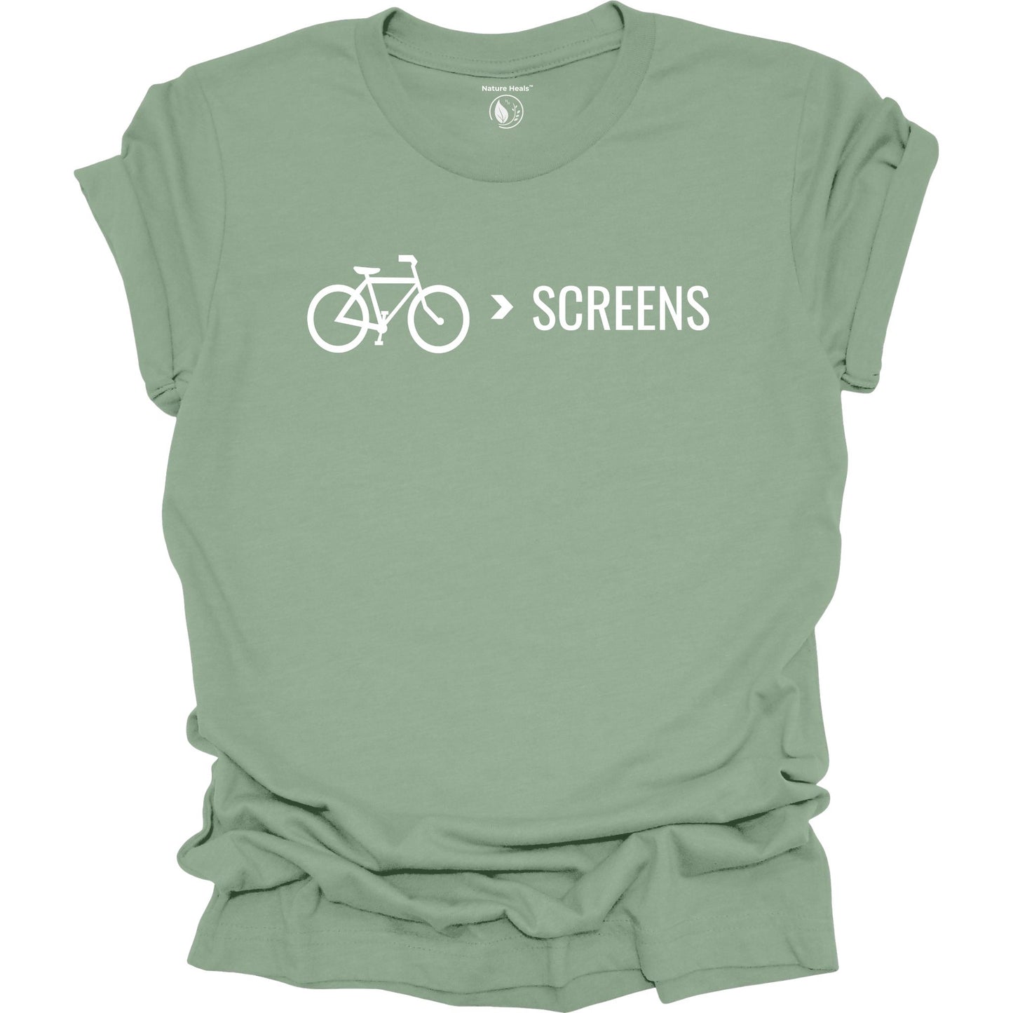 Bike Over Screens cycling graphic t-shirt with minimalist bicycle design, part of the Nature Heals Collection for cyclists and outdoor enthusiasts, sage greeen.