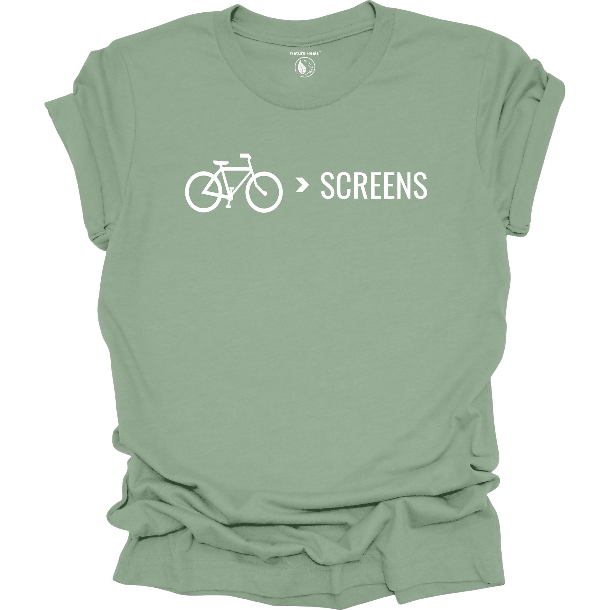 Bike Over Screens cycling graphic t-shirt with minimalist bicycle design, part of the Nature Heals Collection for cyclists and outdoor enthusiasts, sage greeen.