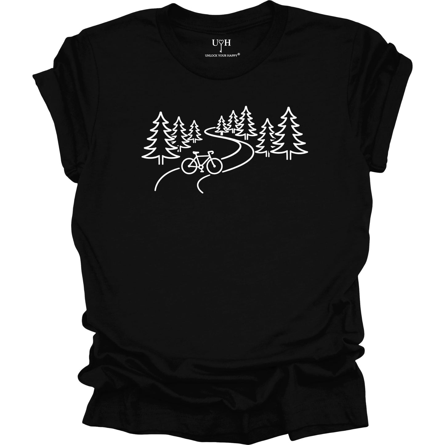 nature biking graphic black t-shirt with minimalist forest trail and bicycle design, featuring “unlock your happy” text on sleeve