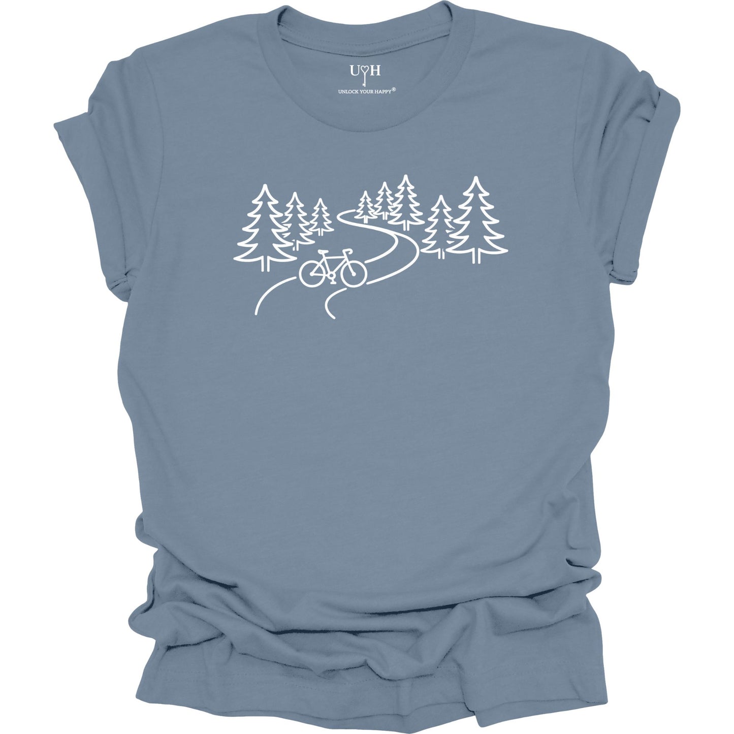 nature biking graphic blue t-shirt with minimalist forest trail and bicycle design, featuring “unlock your happy” text on sleeve
