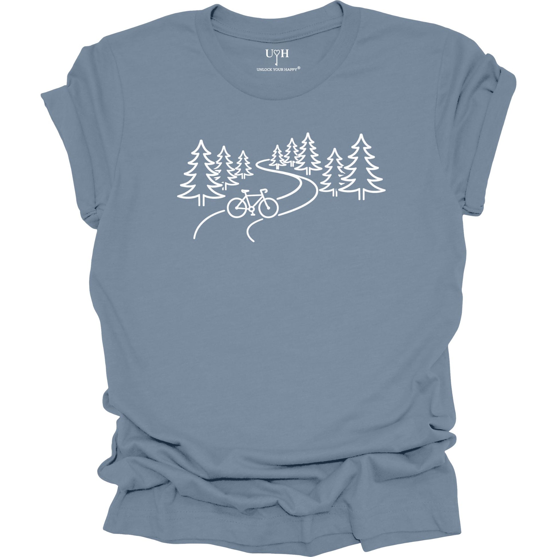 nature biking graphic blue t-shirt with minimalist forest trail and bicycle design, featuring “unlock your happy” text on sleeve