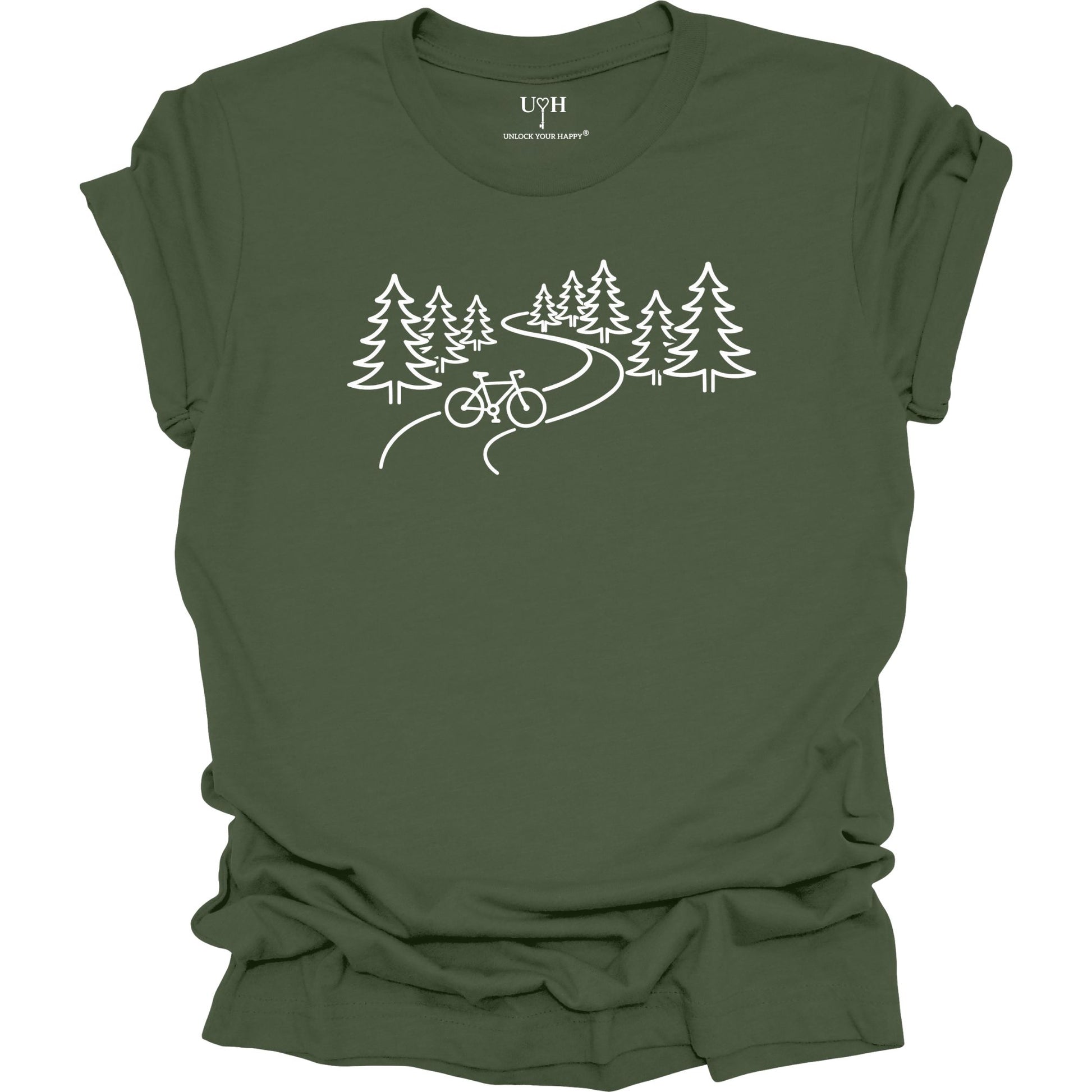 nature biking graphic green t-shirt with minimalist forest trail and bicycle design, featuring “unlock your happy” text on sleeve