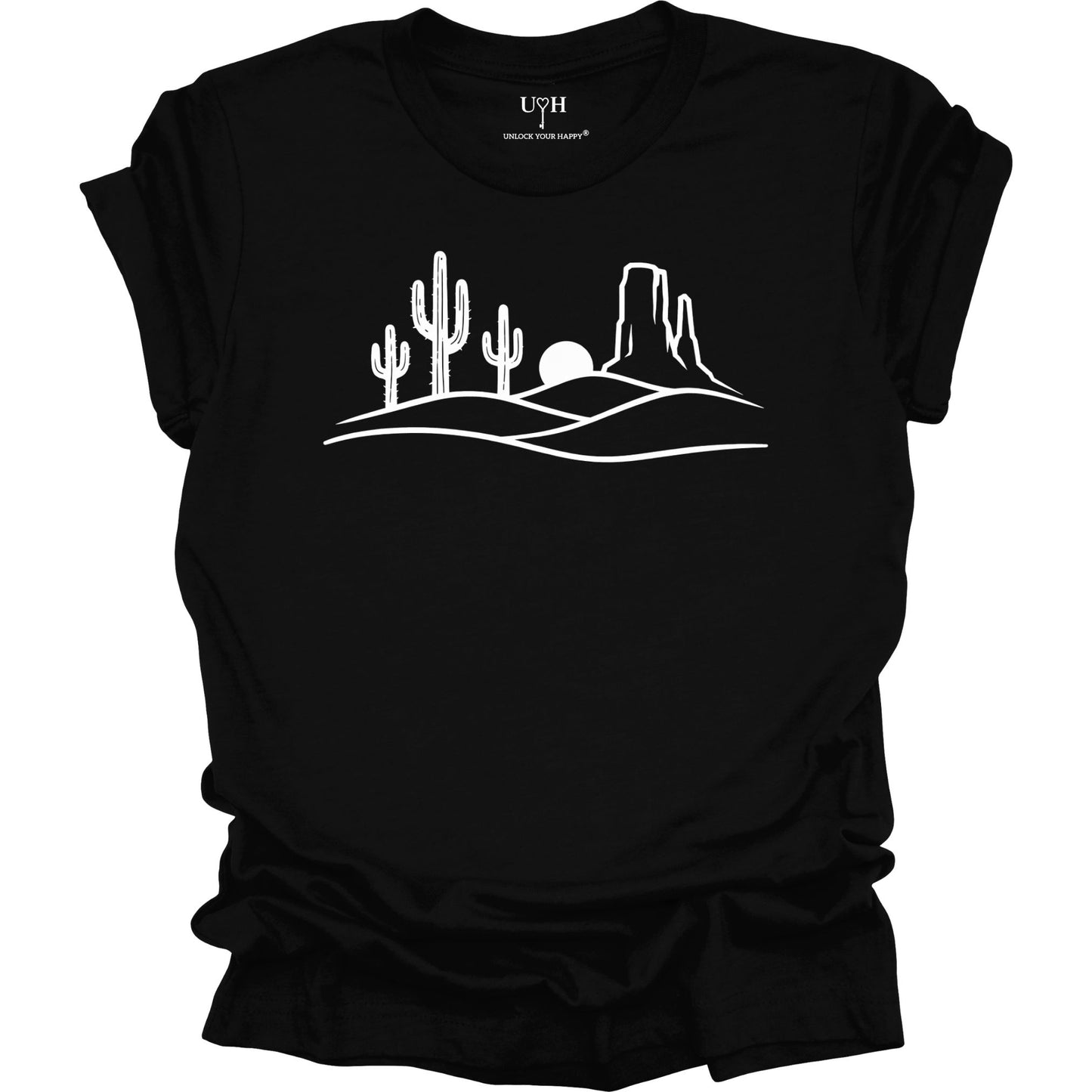 Black t-shirt with white desert landscape graphic on a white background