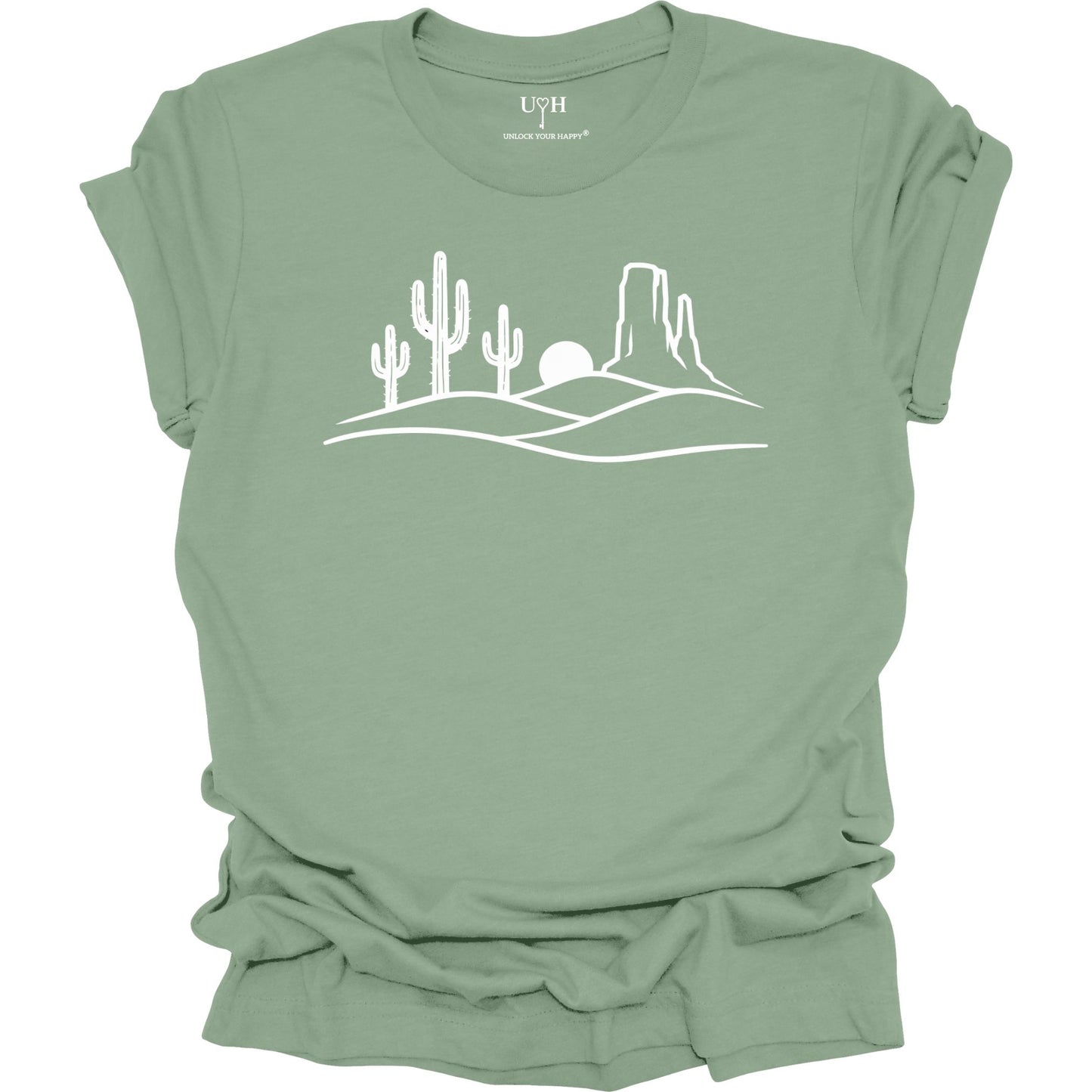 Sage t-shirt with a graphic design and text on a white background