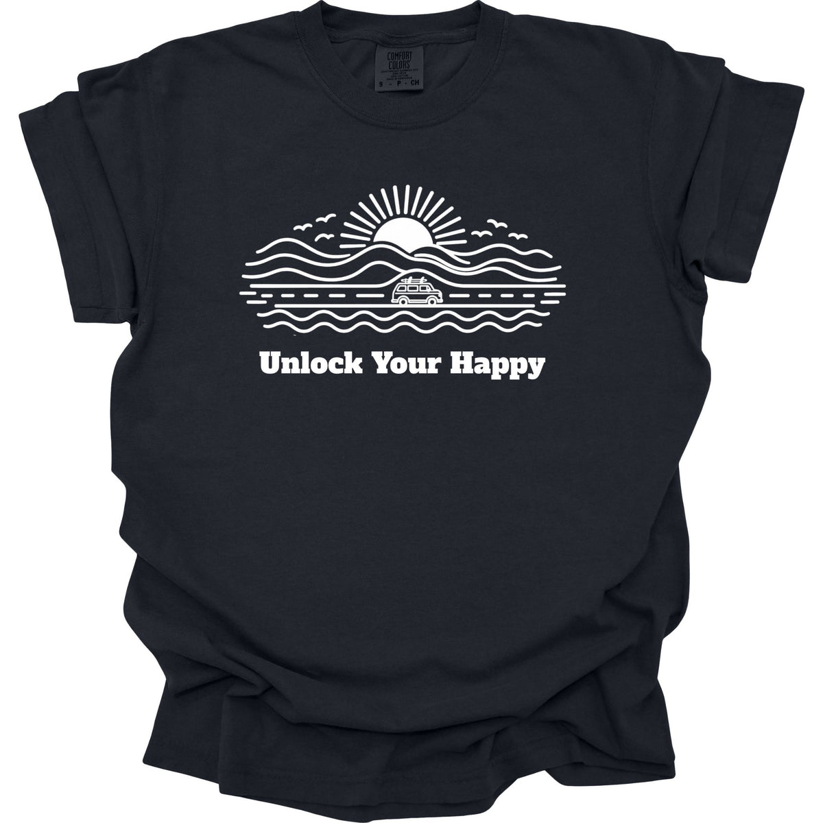 Camper van road trip Unlock Your Happy T-shirt in black Comfort Colors with road, ocean, mountain scene and sun design