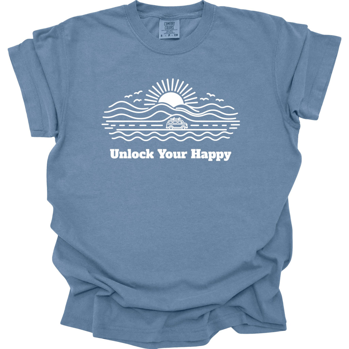 Camper van road trip Unlock Your Happy T-shirt in blue Comfort Colors with road, ocean, mountain scene and sun design