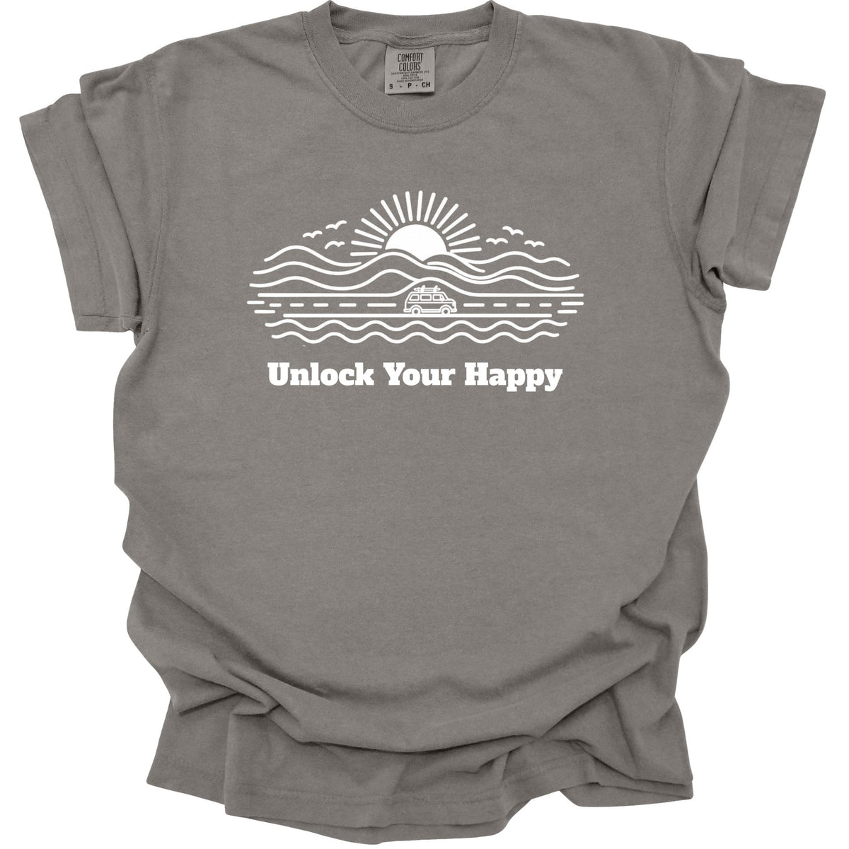 Camper van road trip Unlock Your Happy T-shirt in grey Comfort Colors with road, ocean, mountain scene and sun design