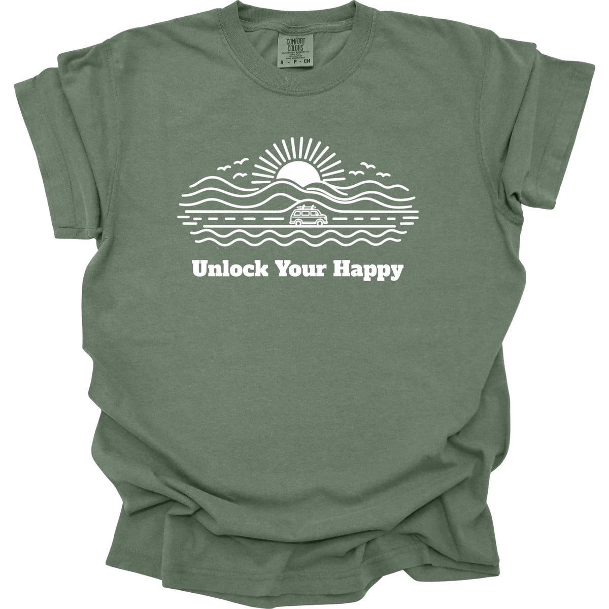 Camper van road trip Unlock Your Happy T-shirt in moss green Comfort Colors with road, ocean, mountain scene and sun design