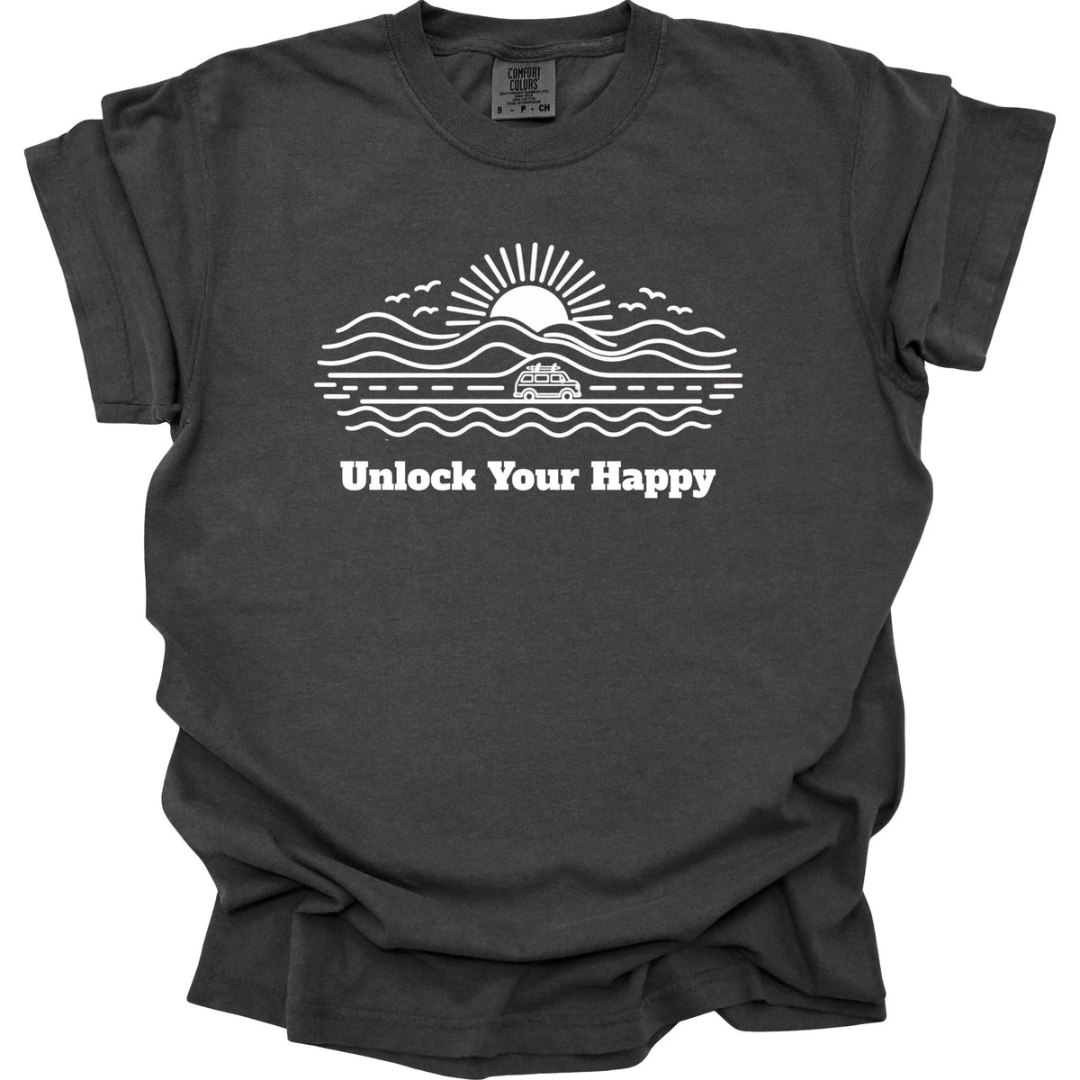 Camper van road trip Unlock Your Happy T-shirt in pepper grey Comfort Colors with road, ocean, mountain scene and sun design