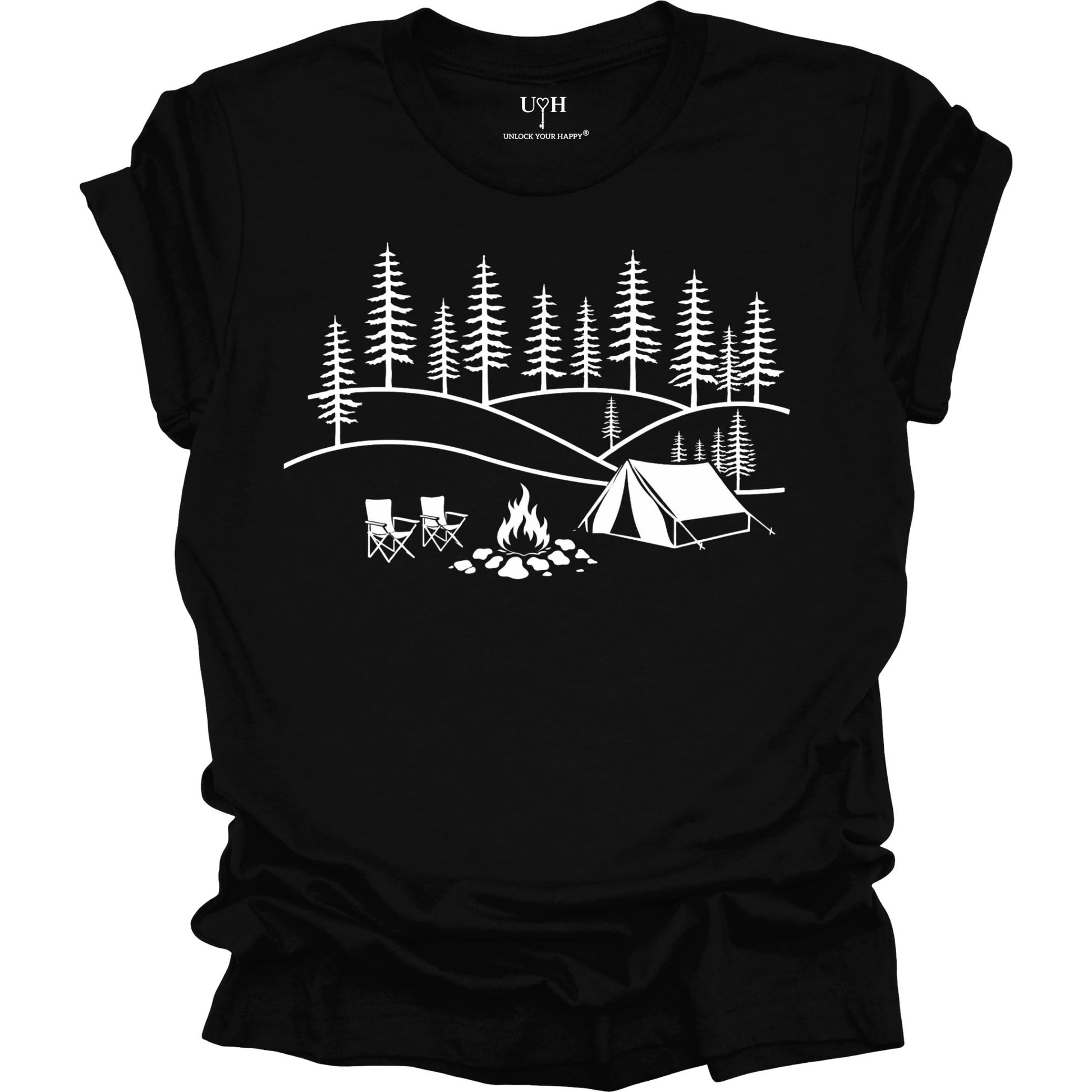 Black t-shirt with white camping graphic on a white background