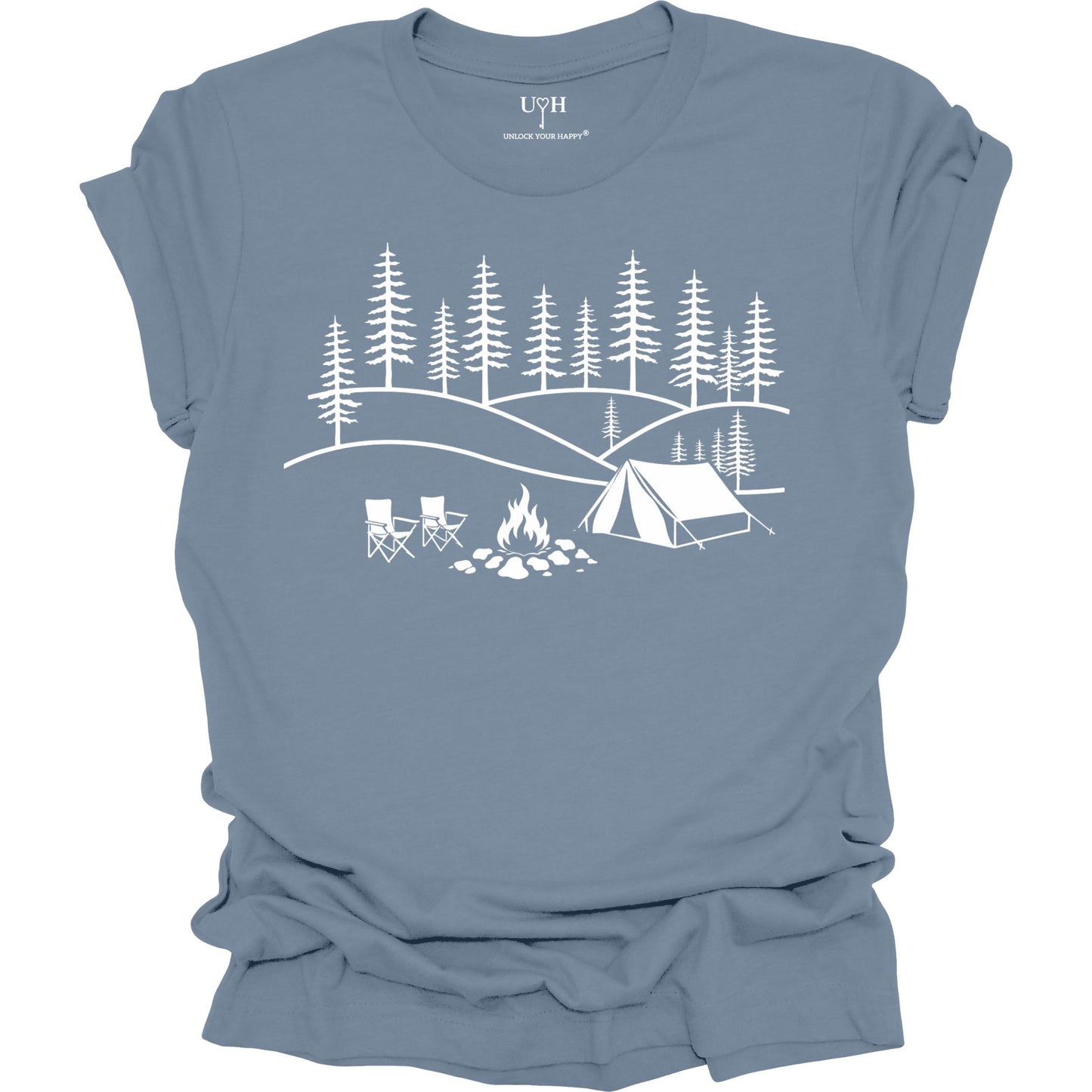 Blue t-shirt with white camping graphic on a white background