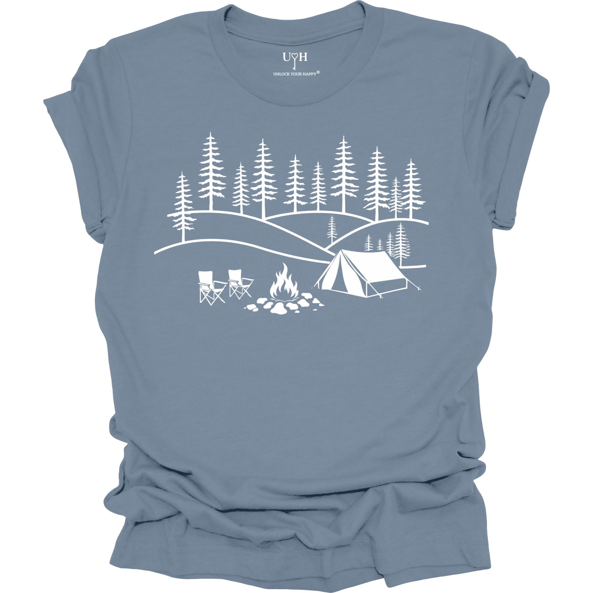 Blue t-shirt with white camping graphic on a white background