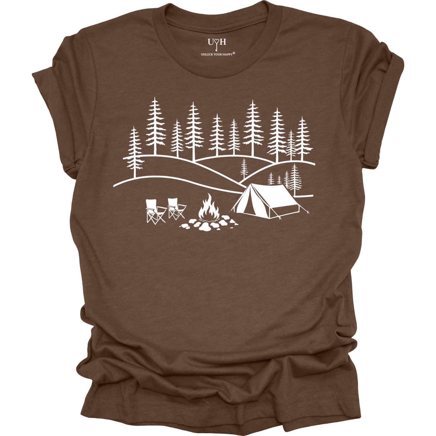 Brown t-shirt with white camping graphic on a white background