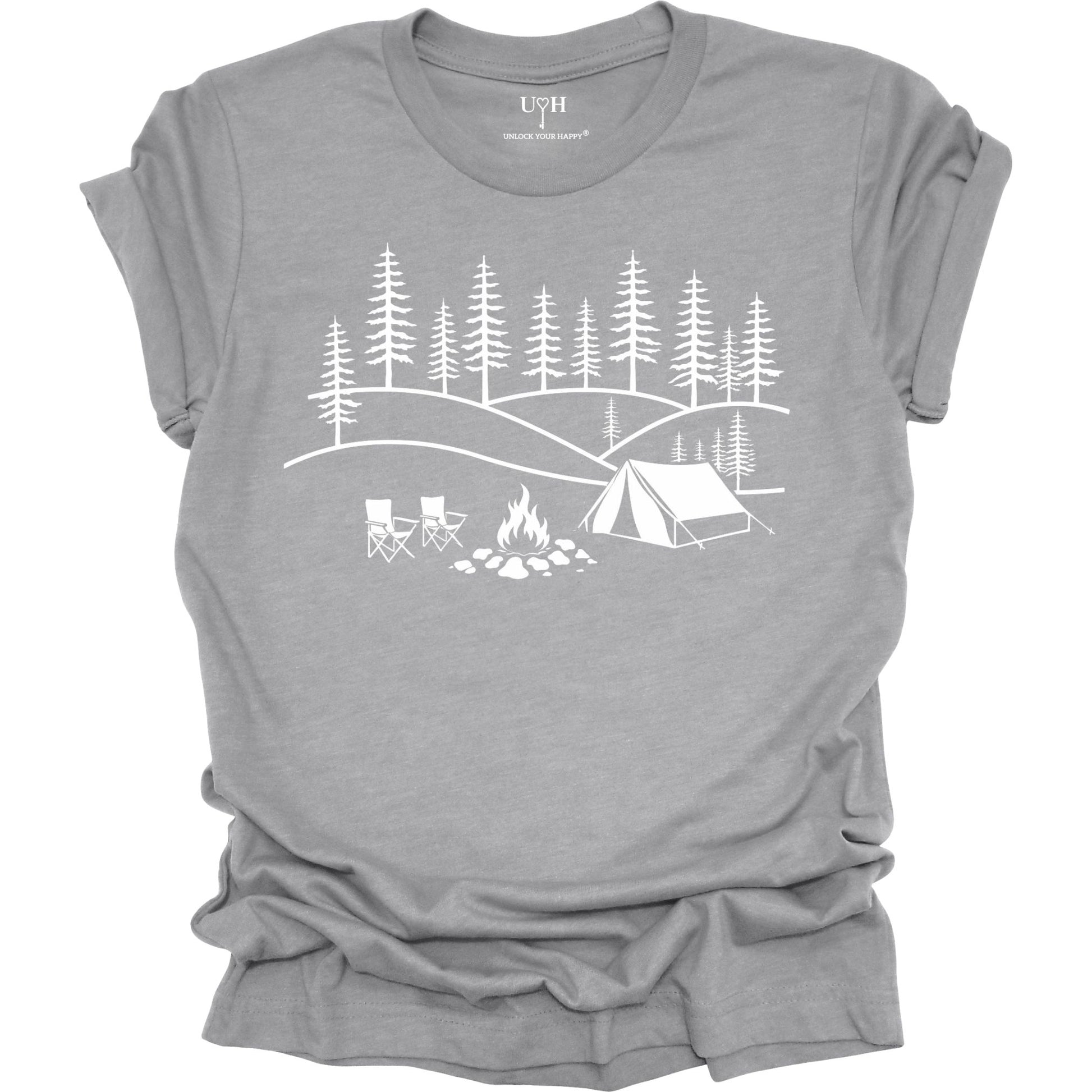 Gray t-shirt with white camping graphic on a white background