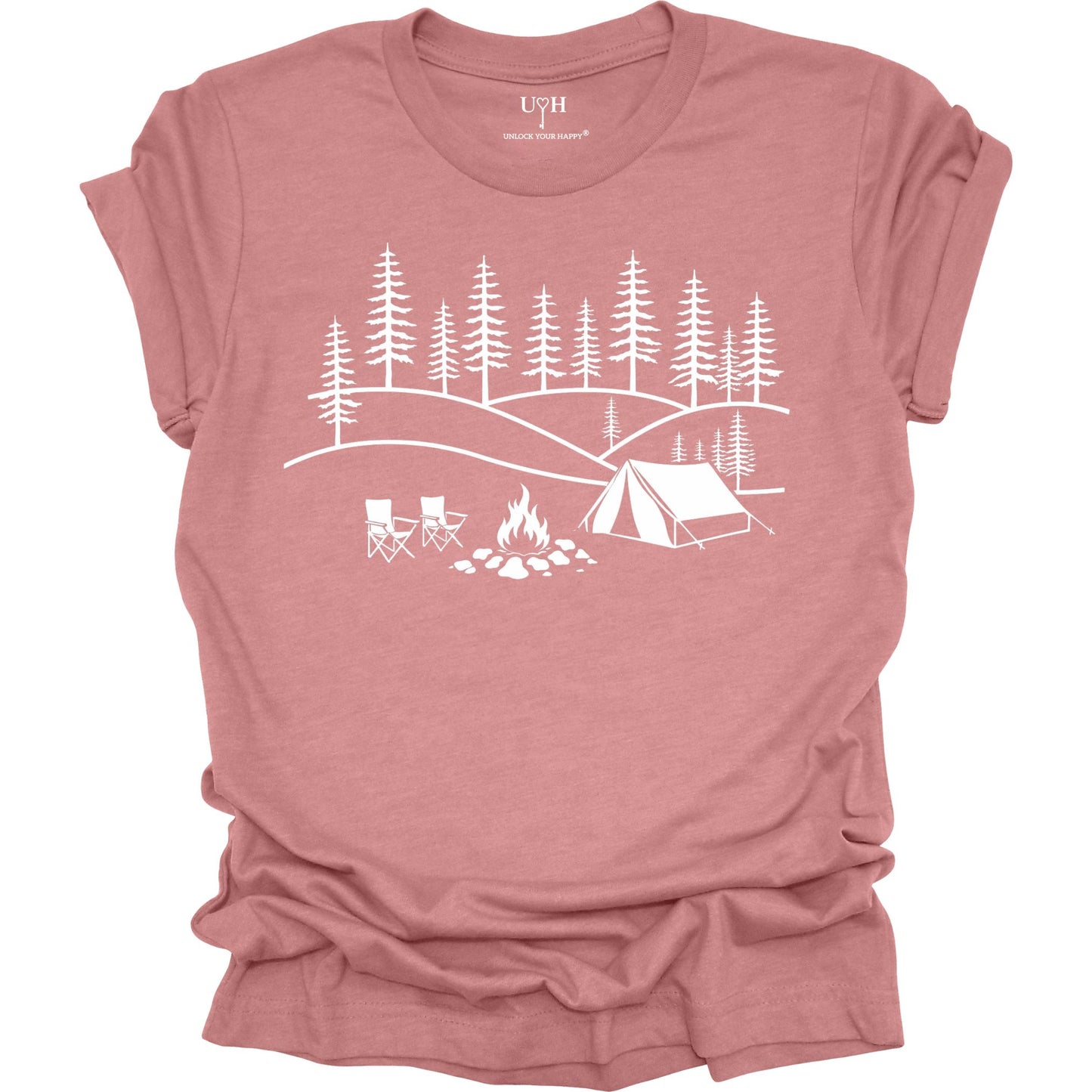 Mauve t-shirt with white camping graphic on a white background
