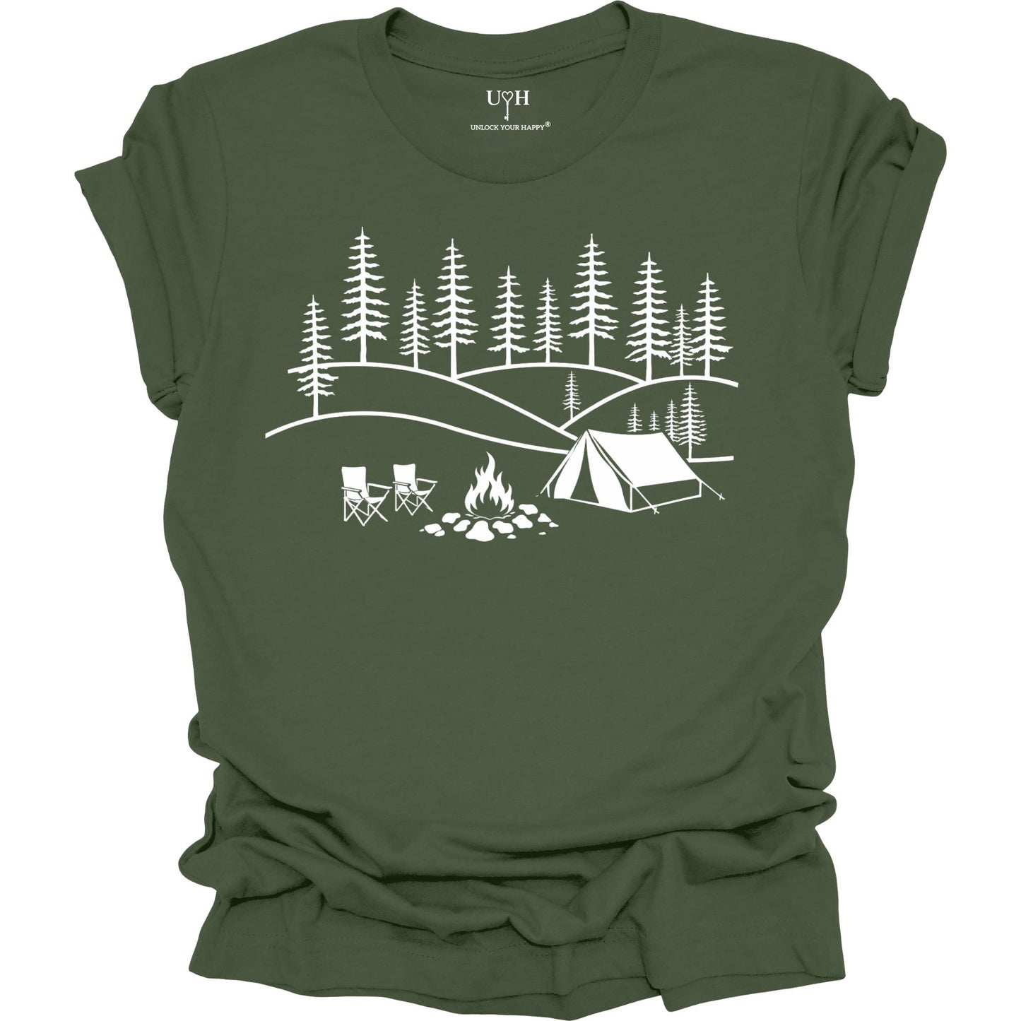 Green t-shirt with white camping graphic on a white background