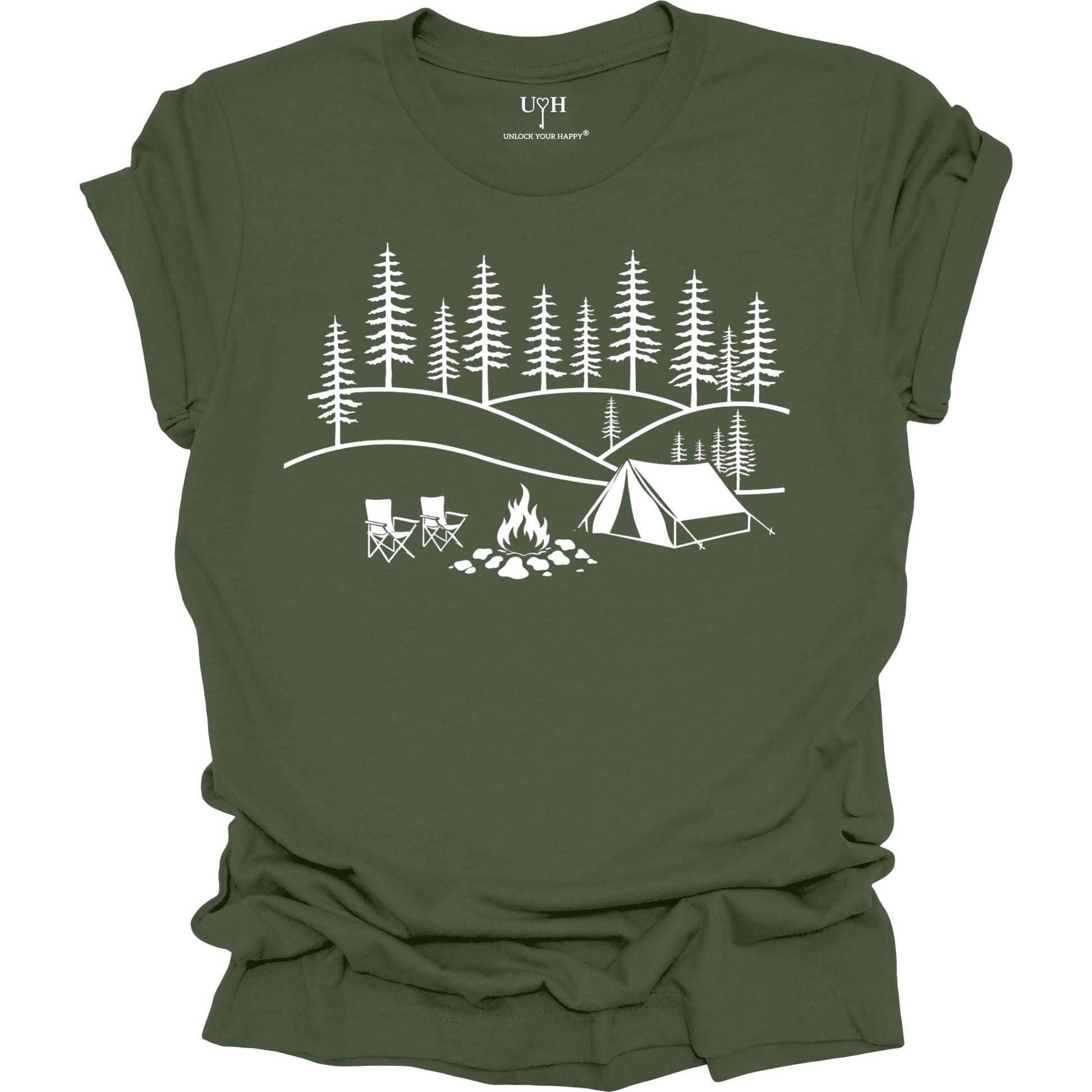 Green t-shirt with white camping graphic on a white background
